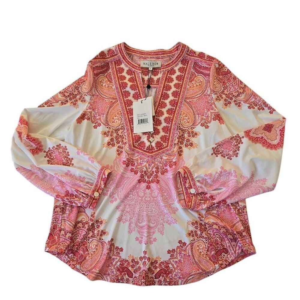 NWT Hale Bob Los Angeles Womens Azaria Jersey Pink White Long Sleeve Top Large - Picture 7 of 12